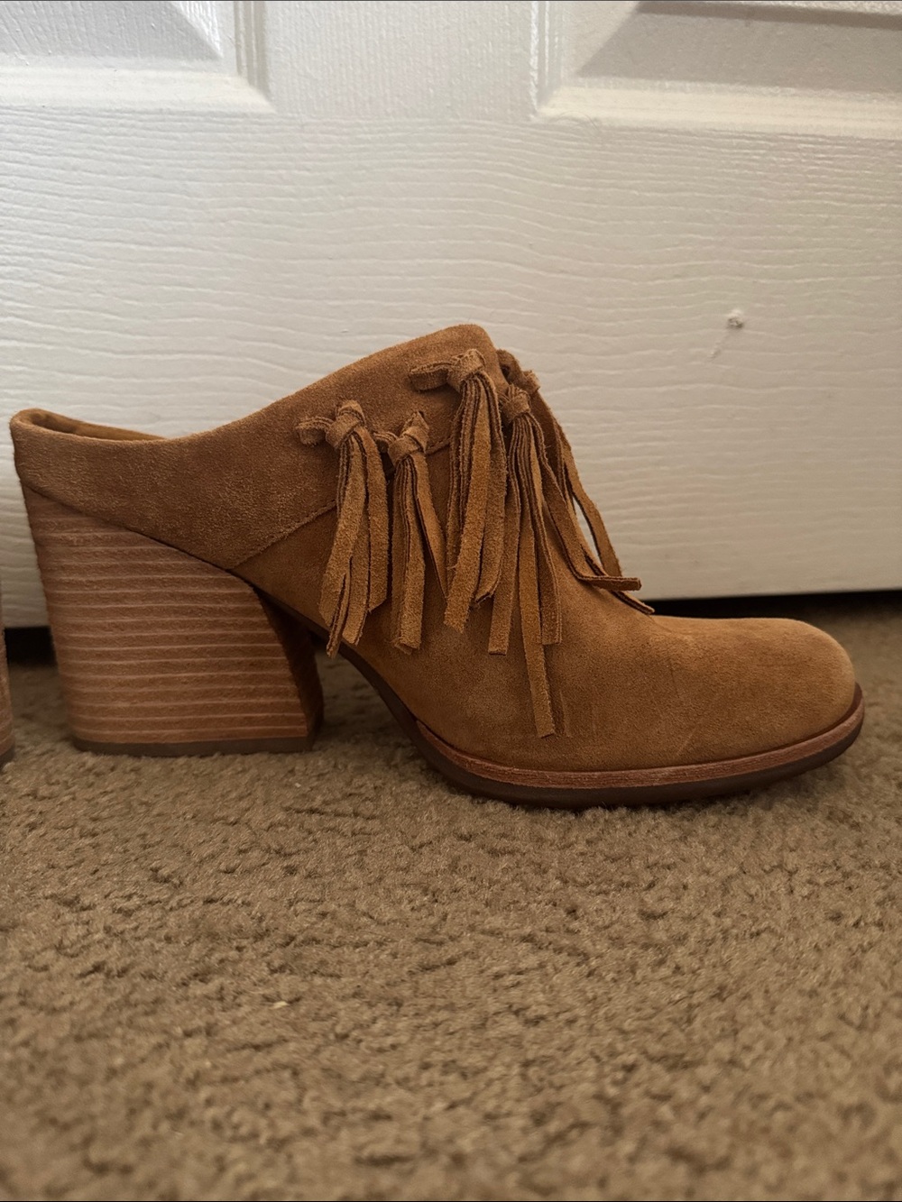 Kork-Ease Brown Suede Fringe Mules